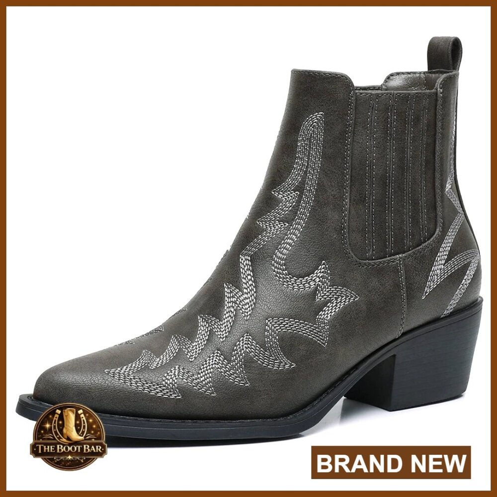Faux Leather Chelsea Ankle Boots Pull-On Low Heel Western Cowgirl Boots